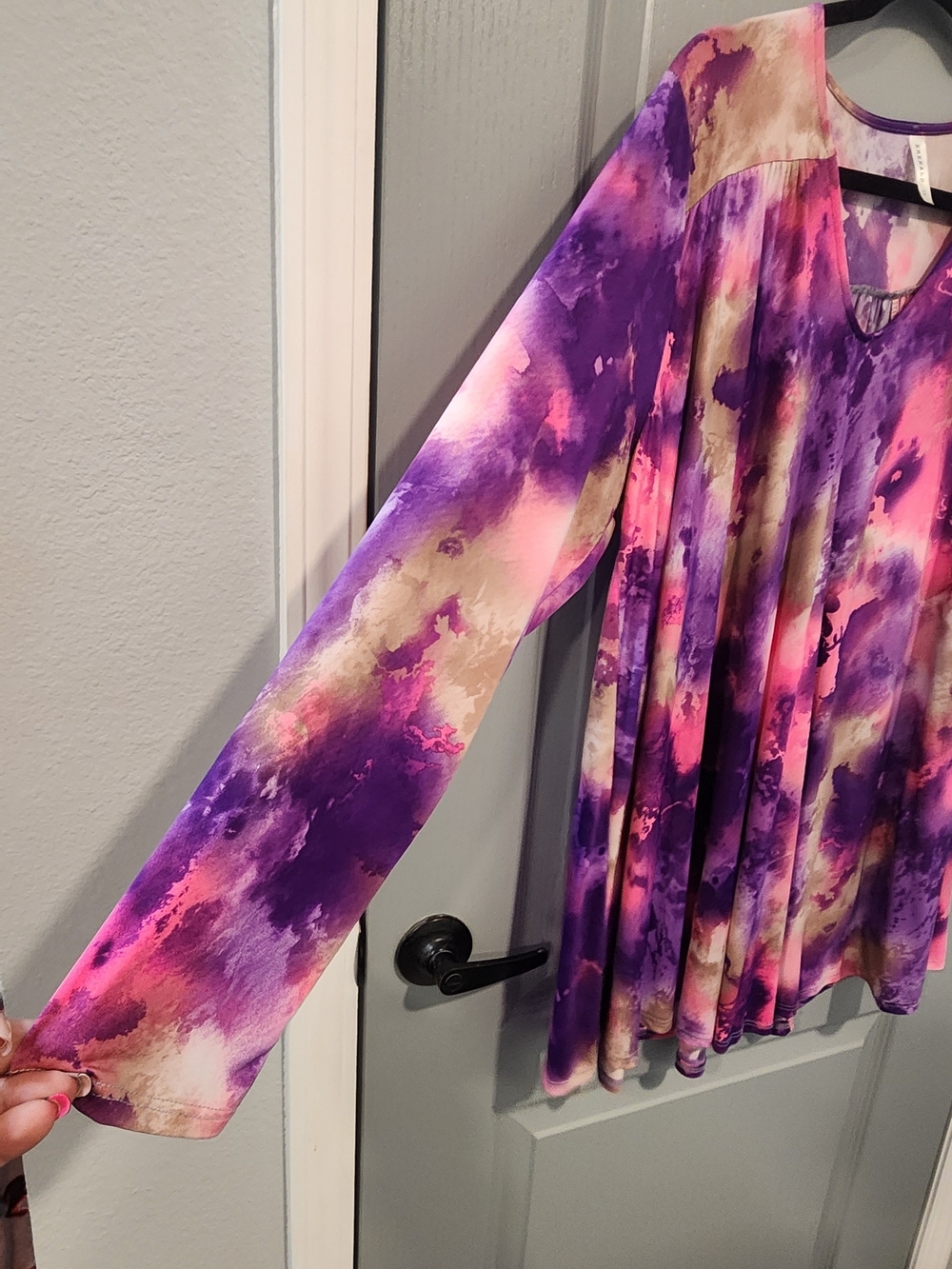 Emerald Purple and Pink Tie-Dye V-Neck Long Sleeve Top - Picture 2 of 4